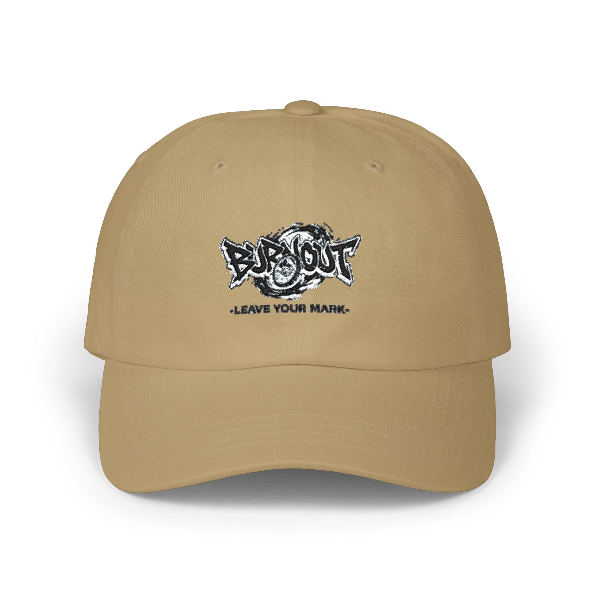 Dad Cap — “Burnout” Graphic Baseball Hat with ‘Leave Your Mark’ Text