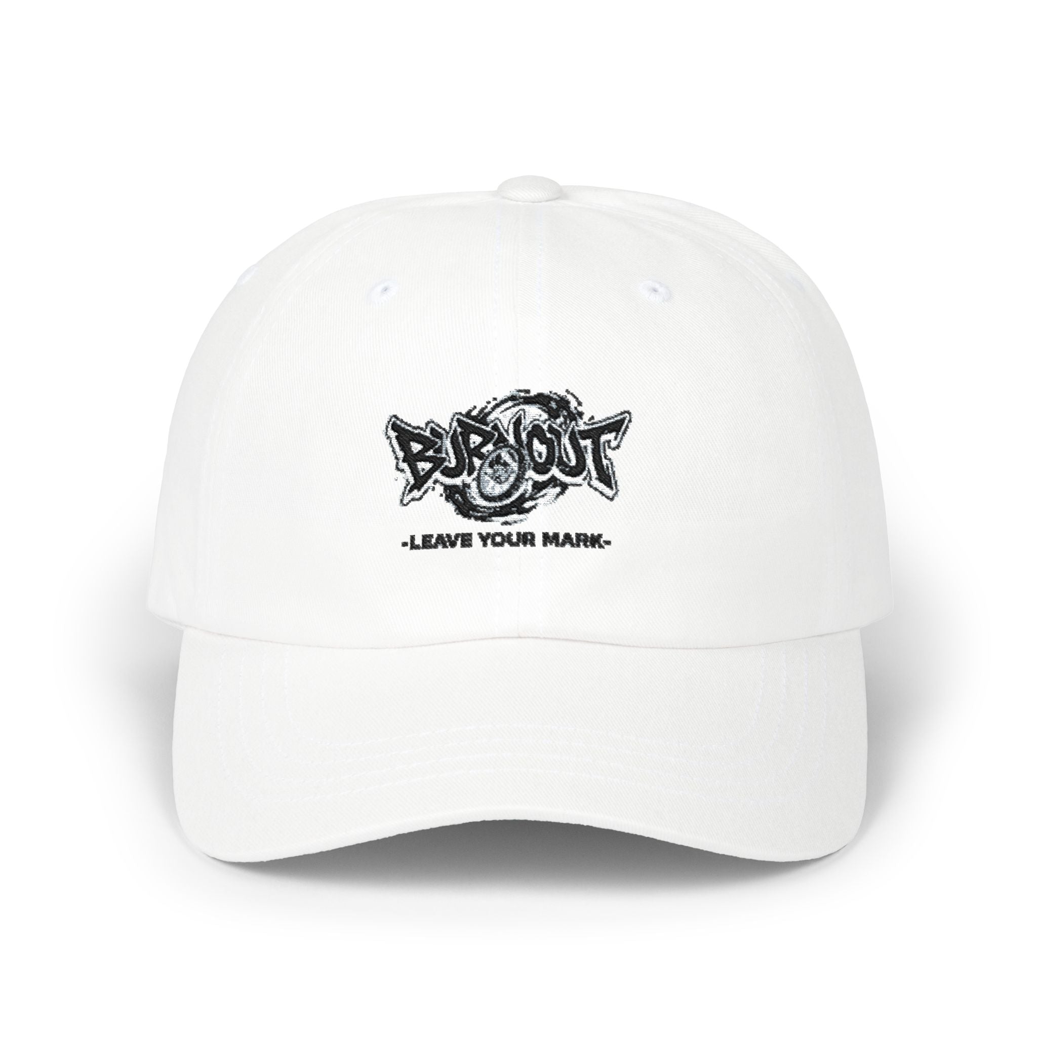 Dad Cap — “Burnout” Graphic Baseball Hat with ‘Leave Your Mark’ Text