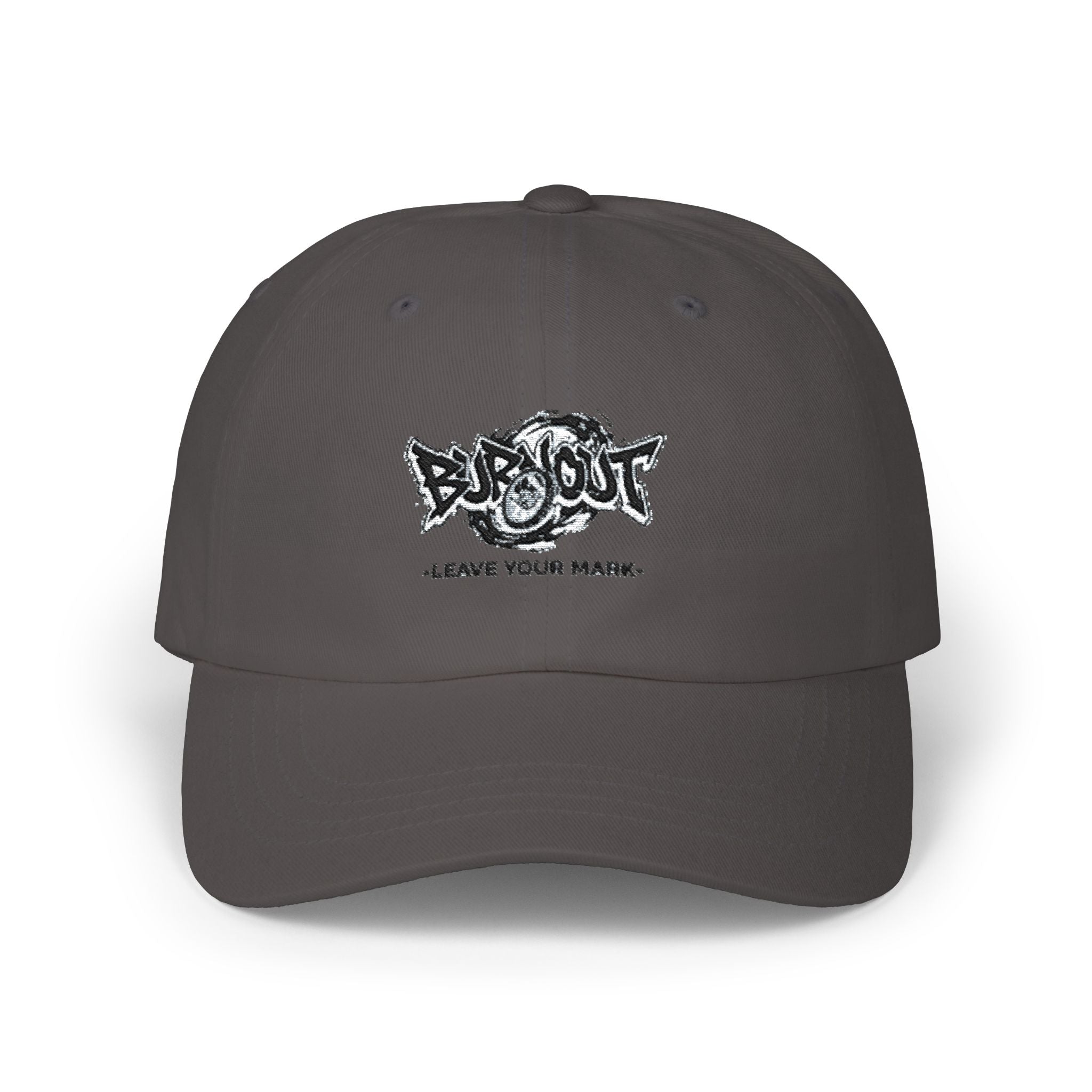 Dad Cap — “Burnout” Graphic Baseball Hat with ‘Leave Your Mark’ Text