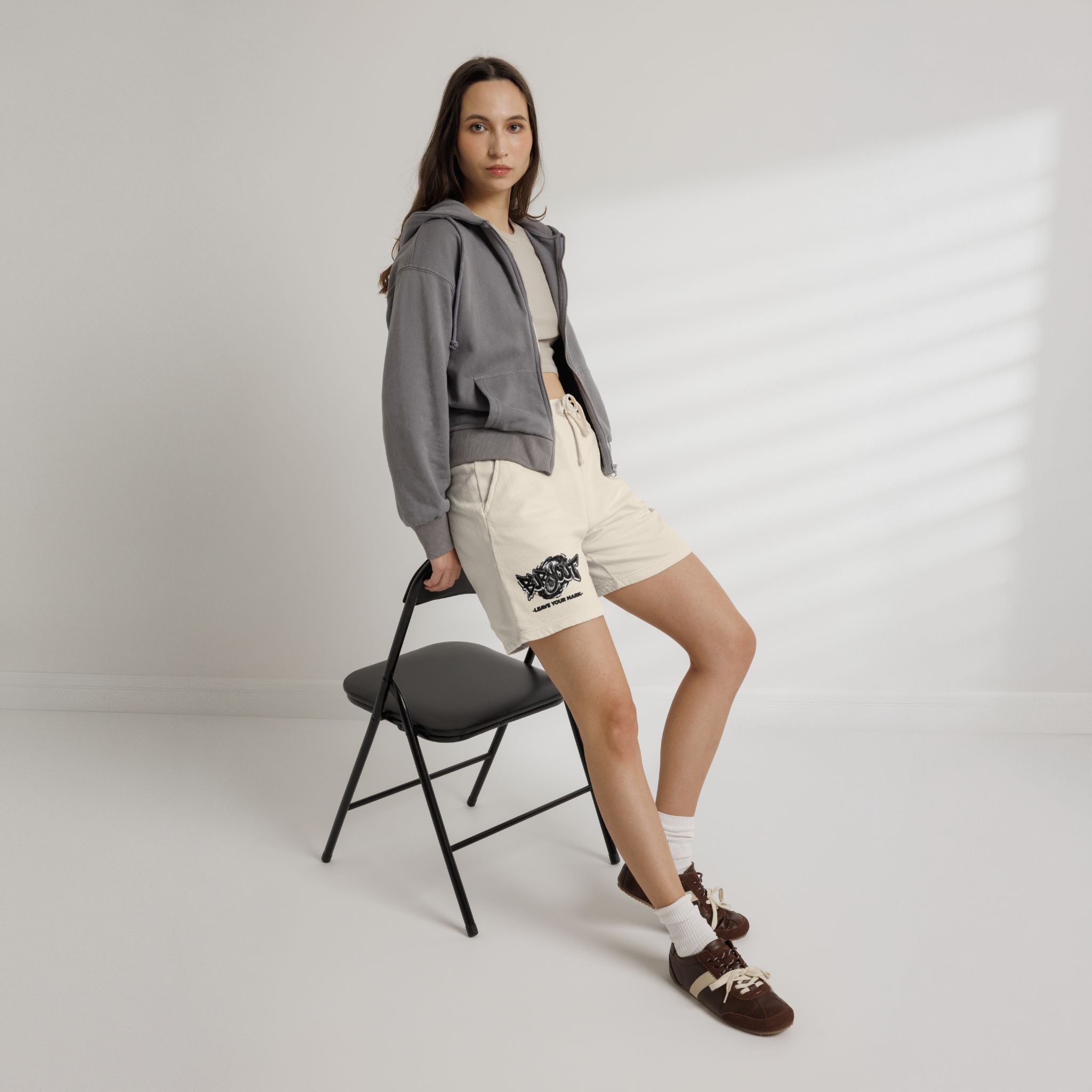 Cream Fleece Sweat Shorts with 'Blowout' Graffiti Logo — Lightweight Casual Lounge Shorts