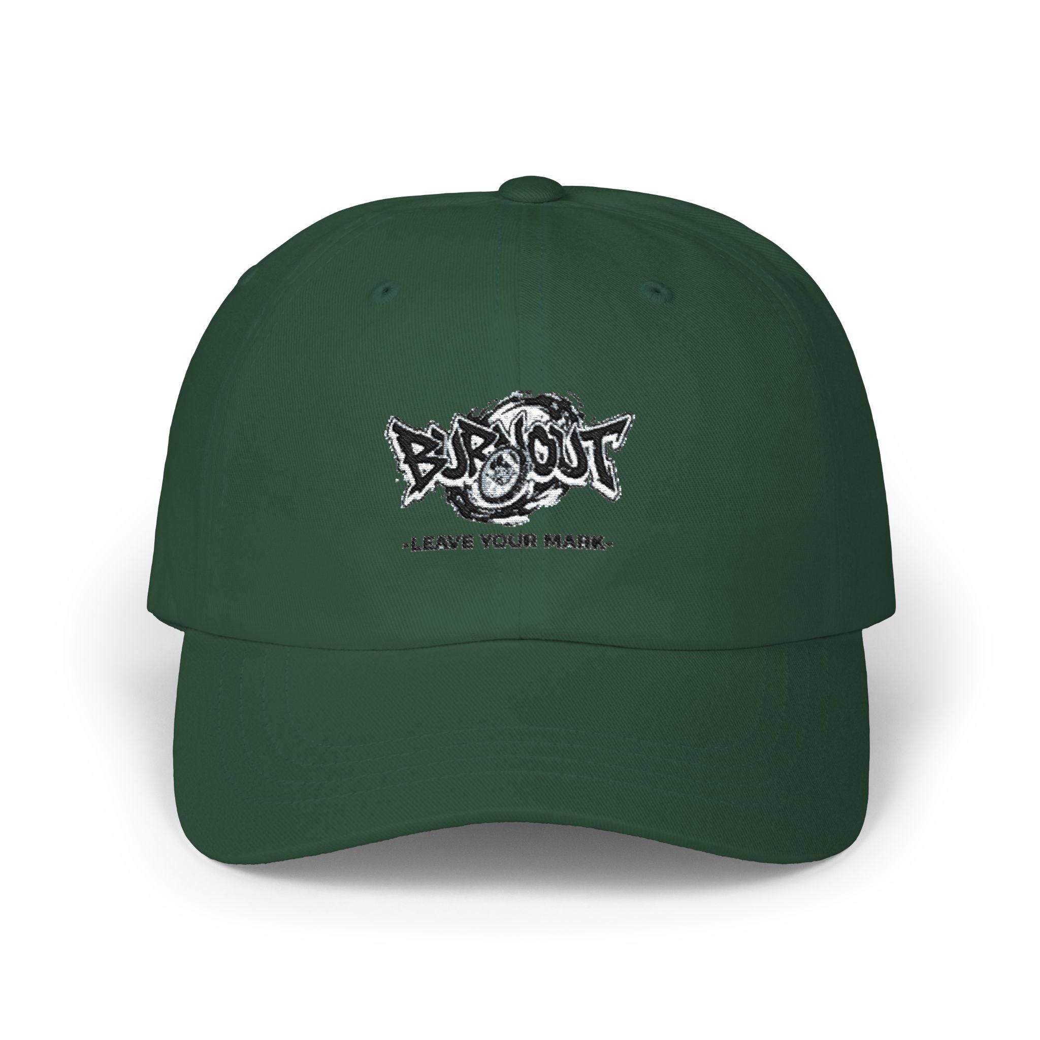Dad Cap — “Burnout” Graphic Baseball Hat with ‘Leave Your Mark’ Text