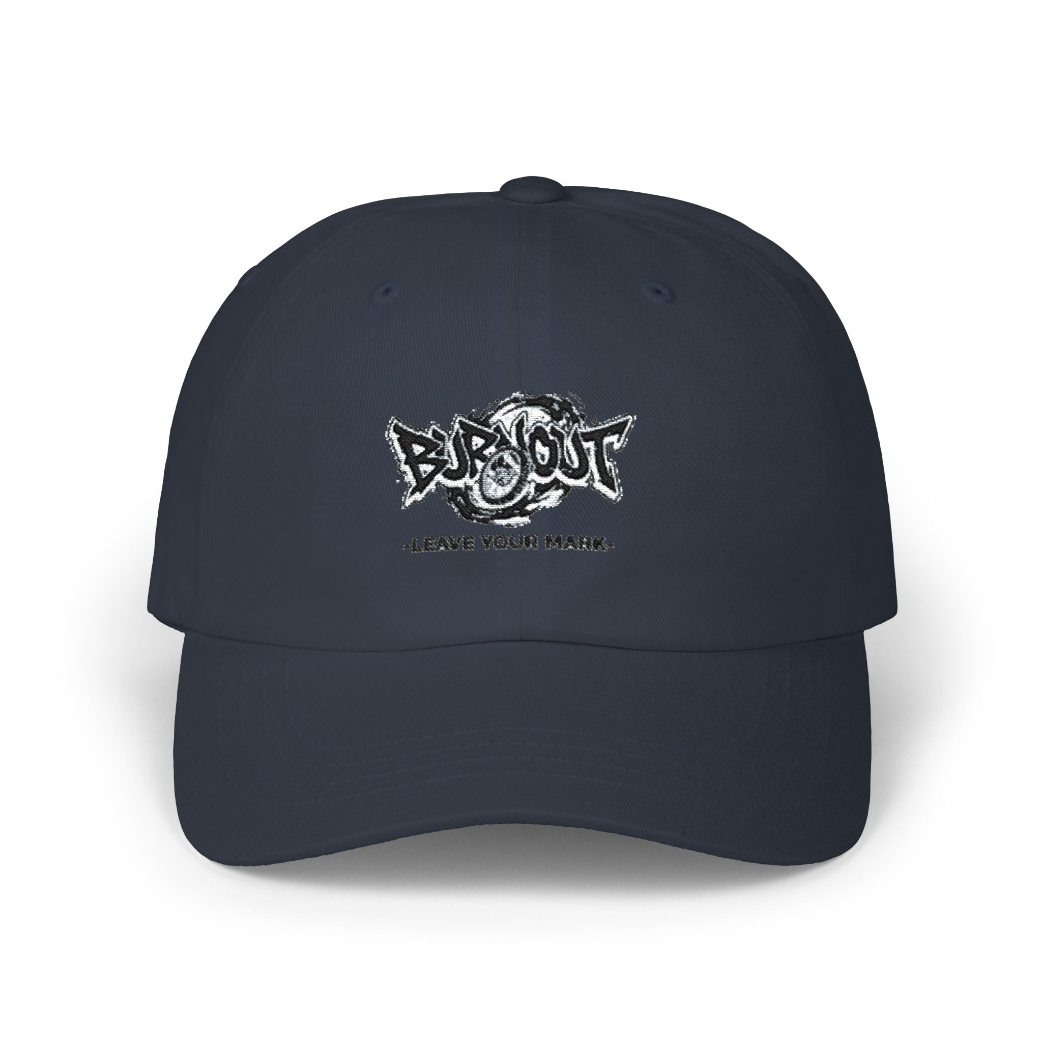 Dad Cap — “Burnout” Graphic Baseball Hat with ‘Leave Your Mark’ Text
