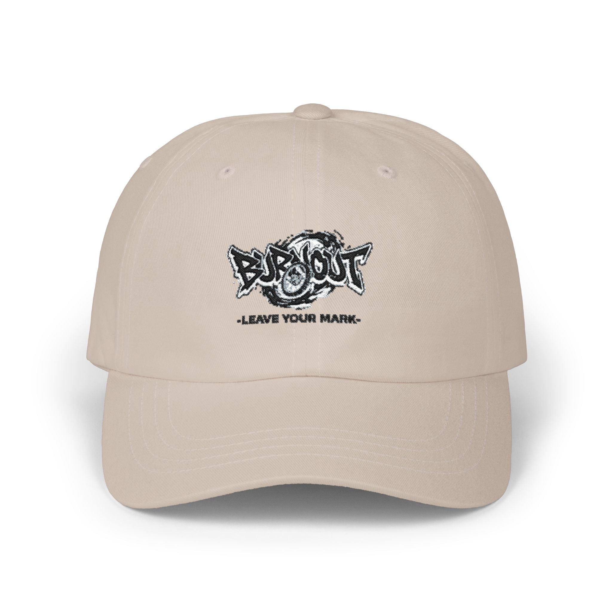 Dad Cap — “Burnout” Graphic Baseball Hat with ‘Leave Your Mark’ Text