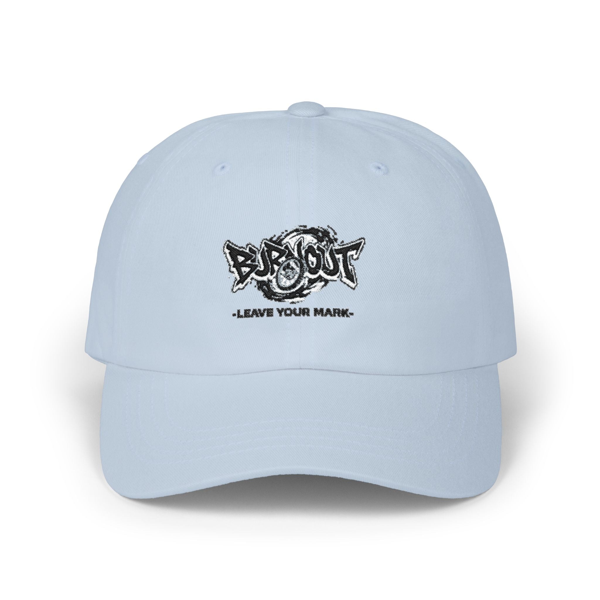 Dad Cap — “Burnout” Graphic Baseball Hat with ‘Leave Your Mark’ Text